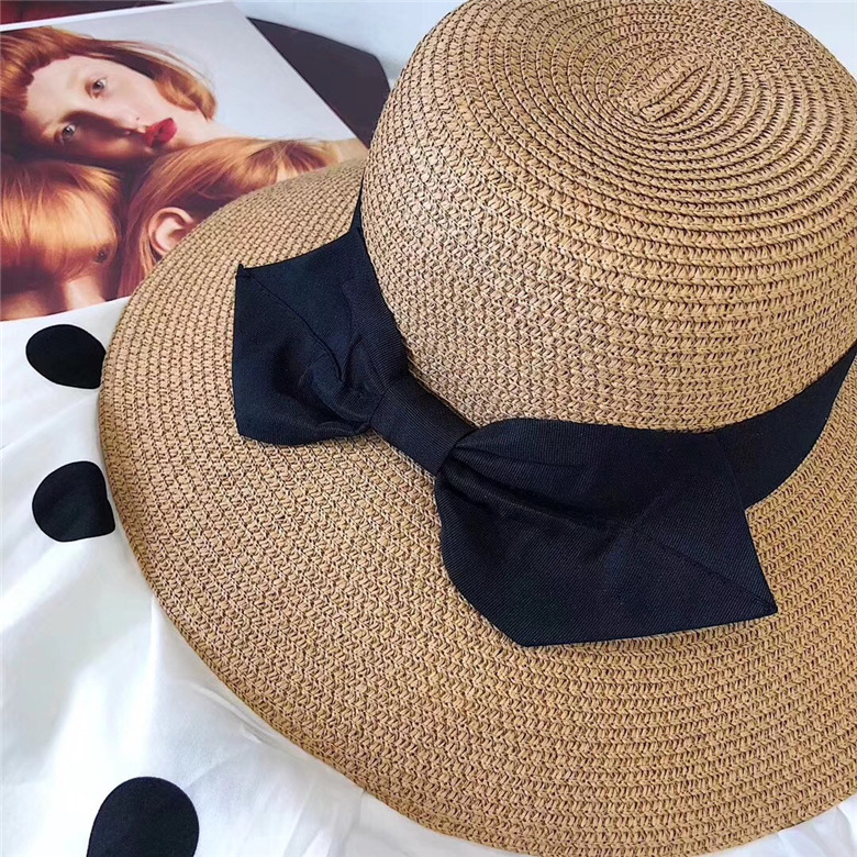 Ultraviolet-proof Summer Fashion Ribbon Bow Straw Hat Beach Holiday Sunscreen Block Folding Beach Straw Hat for Women Child Travelling 