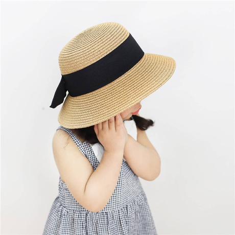 Ultraviolet-proof Summer Fashion Ribbon Bow Straw Hat Beach Holiday Sunscreen Block Folding Beach Straw Hat for Women Child Travelling 