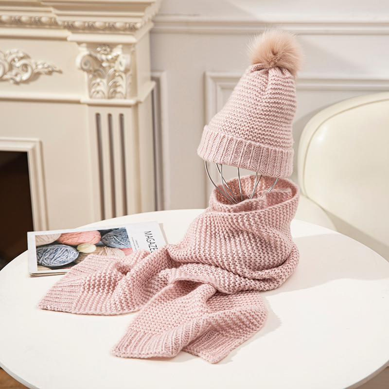 Pink Ventilation Scarf And Hat Sets with POM POM Kids Women Customized Cotton Knitted Warm Winter Hat And Scarf Set Women