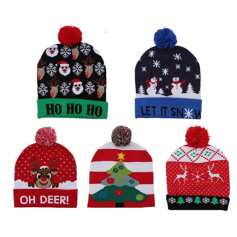 LED Light Ugly Christmas Beanie Knitted Santa Hat with Cartoon and Camouflage Pattern for New Year Party Accessories