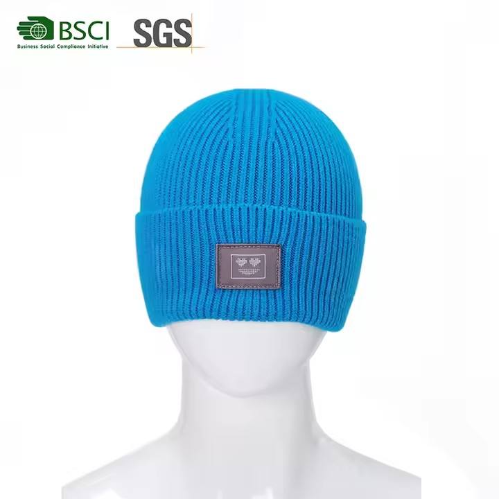 Beanie Manufacturer Custom Acrylic Knitted Stylish Slouchy Beanie RPET Winter Hat for Men With Embroidery Leather Patch Logo