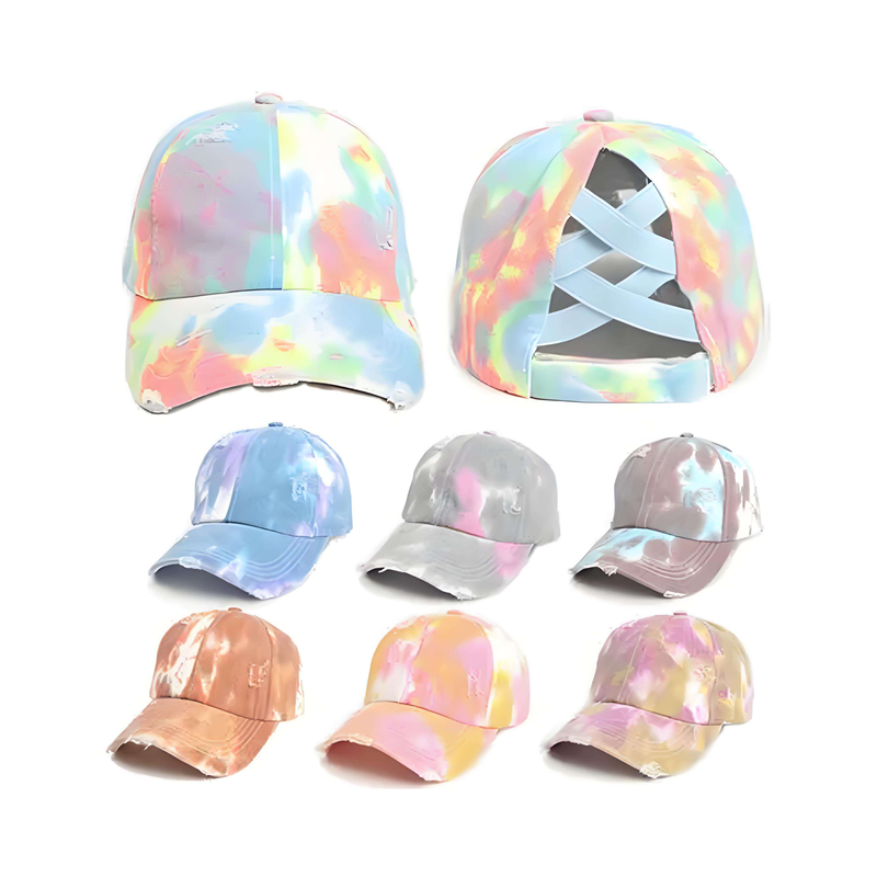 Fashion Custom Embroidery Logo Cotton Worn Out 6 Panel Ponytail Sports Hats Tie-Dyed Streetwear Crossed Ponytail Baseball Caps