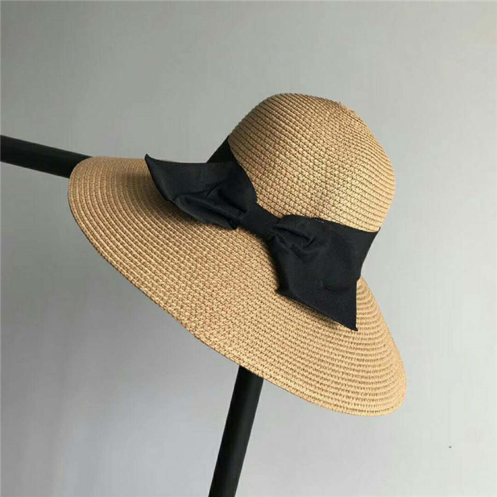 Ultraviolet-proof Summer Fashion Ribbon Bow Straw Hat Beach Holiday Sunscreen Block Folding Beach Straw Hat for Women Child Travelling 