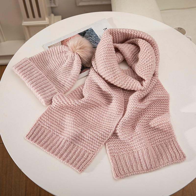 Pink Ventilation Scarf And Hat Sets with POM POM Kids Women Customized Cotton Knitted Warm Winter Hat And Scarf Set Women