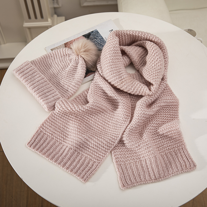 Pink Ventilation Scarf And Hat Sets with POM POM Kids Women Customized Cotton Knitted Warm Winter Hat And Scarf Set Women
