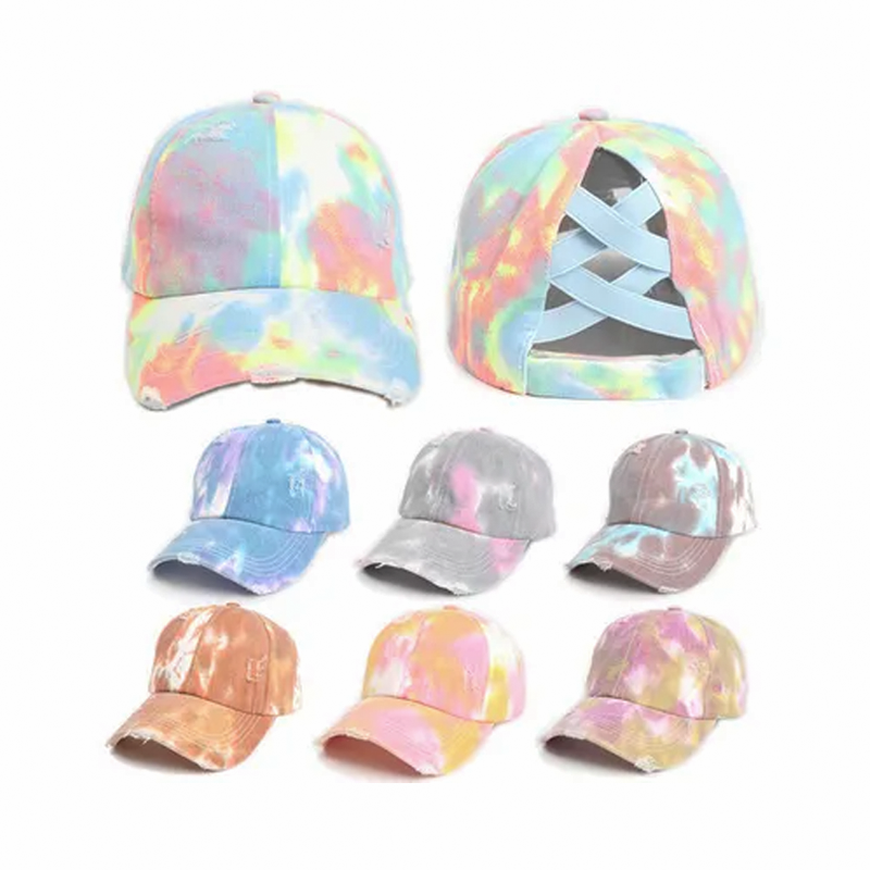 Fashion Custom Embroidery Logo Cotton Worn Out 6 Panel Ponytail Sports Hats Tie-Dyed Streetwear Crossed Ponytail Baseball Caps