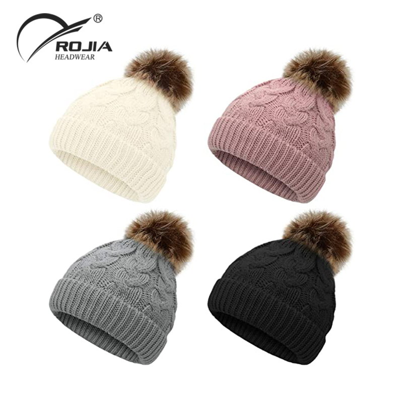 Wholesale Custom Ladies Polyester Knitted Loop Solid Color Warm Winter Thick Beanie Hat Cap