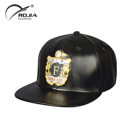 New Custom Logo Hip Hop Men's 6 Panel Black Leather Snapback Cap Hats