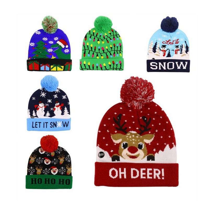 LED Light Ugly Christmas Beanie Knitted Santa Hat with Cartoon and Camouflage Pattern for New Year Party Accessories