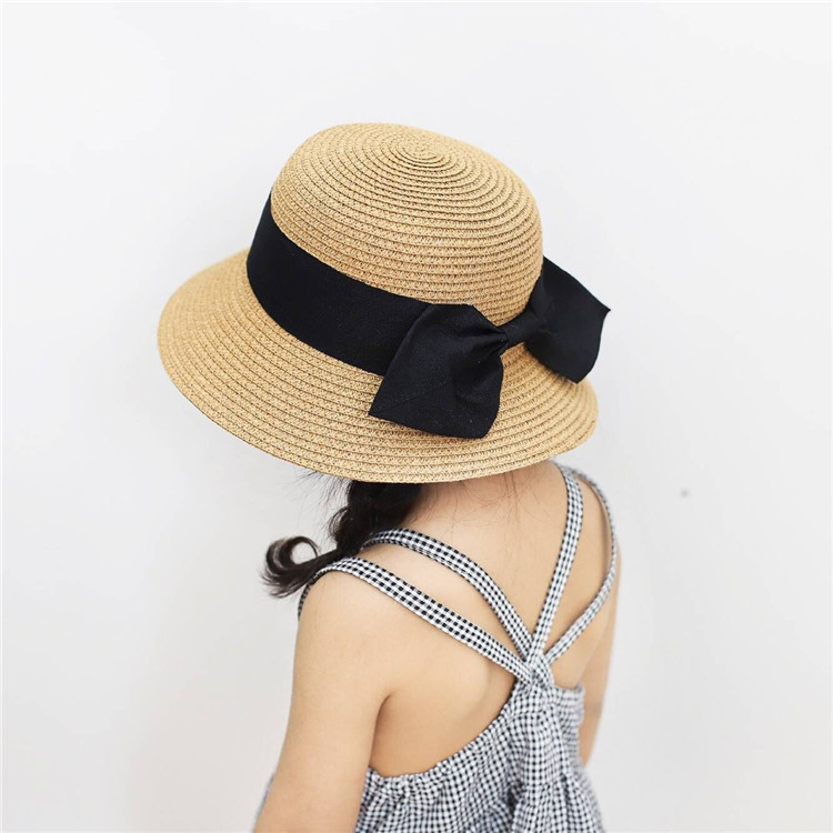 Ultraviolet-proof Summer Fashion Ribbon Bow Straw Hat Beach Holiday Sunscreen Block Folding Beach Straw Hat for Women Child Travelling 
